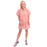 Coral Pink Cheetah Stripe Cotton Alston Dress with Ruffle Neckline & Pockets