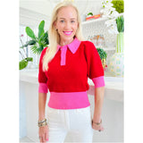 Pink & Red Button Front Fine Knit Margot Top