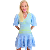 Blue & Green Smocked Puff Sleeve Lottie Dress