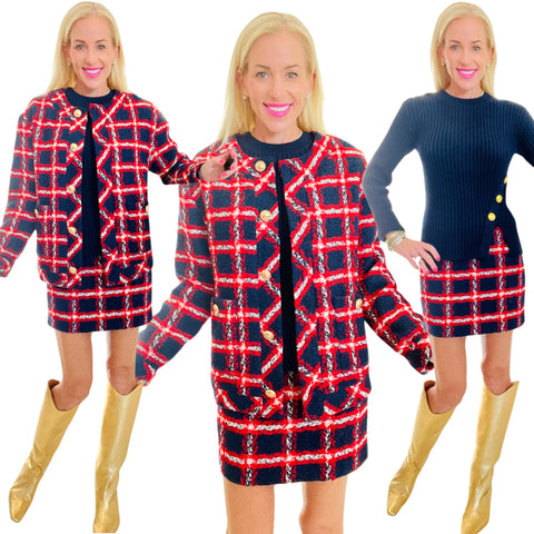 Navy & Red Boucle Tweed Soraya Jacket & Skirt (sold separately)