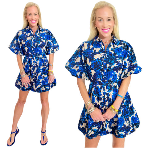 Vibrant Blue Cotton Button Front Hilly Dress