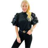 Black Floral Textured Puff Sleeve Hampton Top