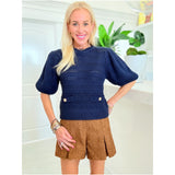 Navy Gold Button Puff Sleeve Hunter Sweater