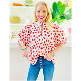 Ruffle Neck Strawberry Block Print Cotton Fields Top