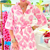 Pink Shell Print Ruffle Neck Cotton Harbour Island Dress w/Optional Belt
