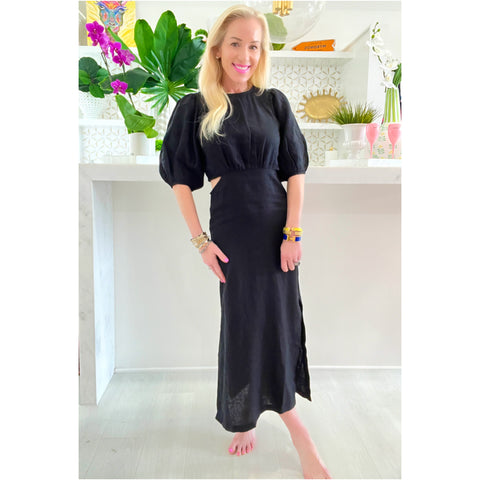 Black Organic Linen Puff Sleeve Crete Dress
