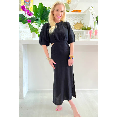 Black Organic Linen Puff Sleeve Crete Dress - James Ascher Black Organic Linen Puff Sleeve Crete Dress - James Ascher