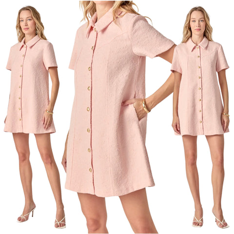 Pink Textured Gold Button Front Janna Dress with Pockets