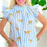 Blue Circus Stripe + Cheetah Cotton Flutter Sleeve Siggy Top