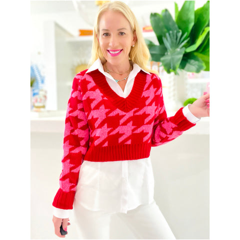 Pink & Red Houndstooth Logan Sweater