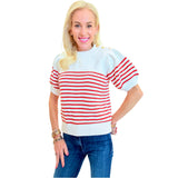 Red Stripe Gold Button Puff Sleeve Darcy Sweater