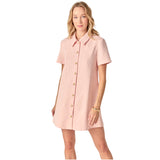 Pink Textured Gold Button Front Janna Dress with Pockets