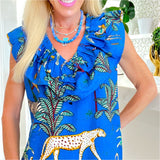 Blue Ruffle Block Print Cotton Jungle Top