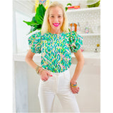 Metallic Puff Sleeve Green Abstract Melanie Top