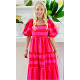 Pink & Red Puff Sleeve Lowndes Dress