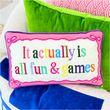 Needlepoint “Fun & Games” Pillow w/ Velvet Back