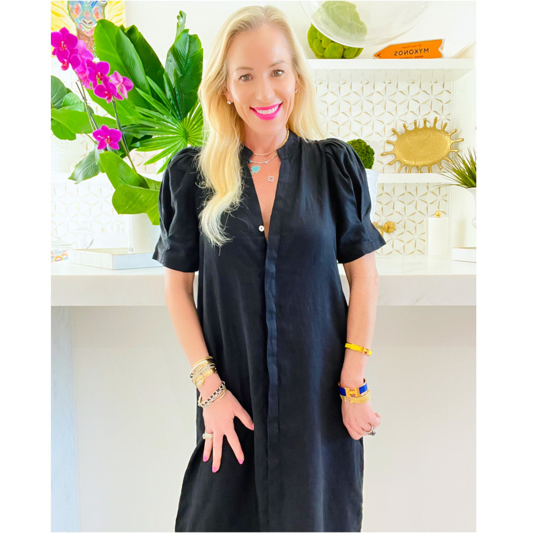 Bestseller!) Black Puff Sleeve Linen Athina Dress - James Ascher