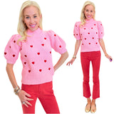 Pink Red Embroidered Hearts Puff Sleeve Cupid Sweater