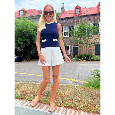 White Tweed Gold Button Jackie Shorts