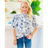 Navy Toile Ruffle Trim Renzo Top