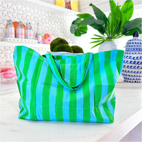 21” Block Print Organic Cotton Tote in Blue Green Stripe