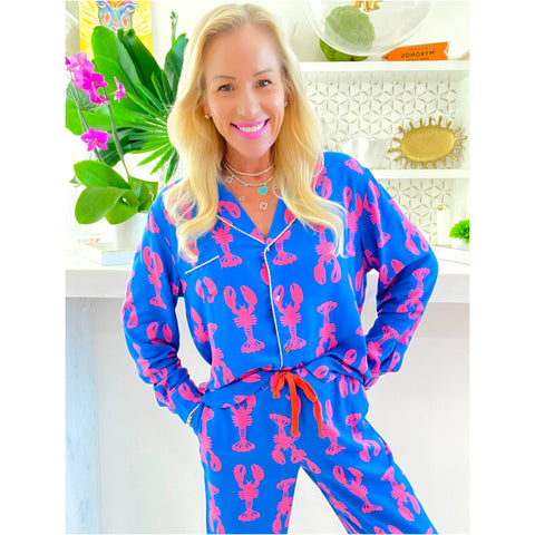 Electric Blue & Pink Lobster Pajamas w/Contrast Piping