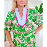 Green & Pink Scalloped Neckline Breakers Top