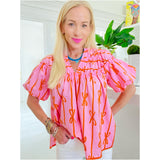 Pink & Orange Bow Print Cotton Hilton Top