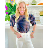 Navy & PINK Pinched Puff Sleeve Dahlia Top