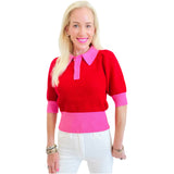 Pink & Red Button Front Fine Knit Margot Top