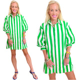 Green Cabana Stripe Pleated Back Cotton Moritz Dress