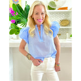Blue Ruffle Neck Pinstripe Everly Top