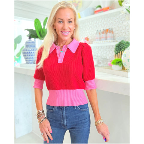 Pink & Red Button Front Fine Knit Margot Top