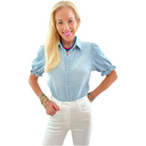 Light Wash Ruffled Puff Sleeve Denim Ina Top