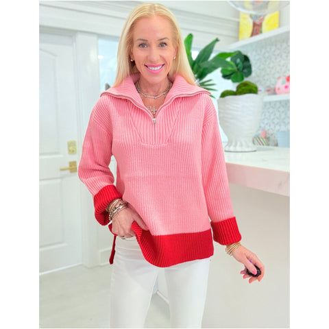 Pink & Red Zip Front Amelia Sweater