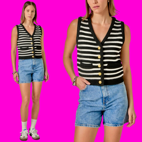 Black Stripe Knit Gold Button Knit Elliott Top