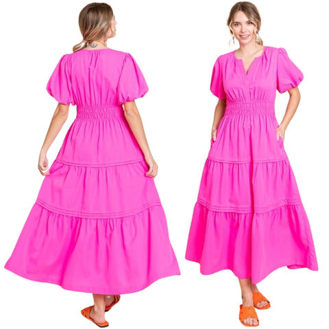 Electric Pink Puff Sleeve Jenny Dress