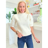 Off White Scalloped Mia Sweater w/ Rhinestone & Pearls