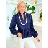 Navy Scallop Trim Cotton Hunter Top