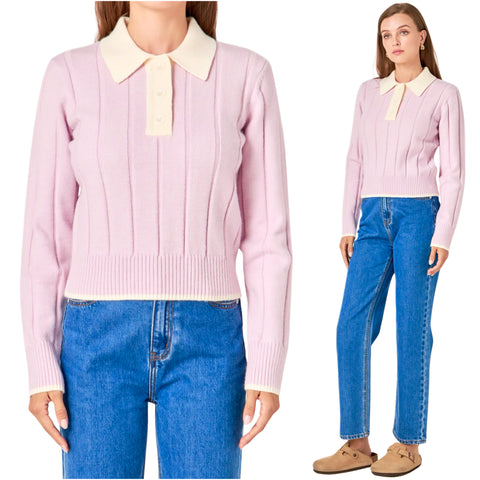 Pink & Off White Collared Dalton Sweater