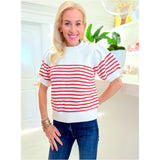 Red Stripe Gold Button Puff Sleeve Darcy Sweater