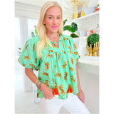 Aqua Cotton Puff Sleeve Prowl Top w/ Tassel