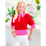 Pink & Red Button Front Fine Knit Margot Top