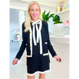 Bow Front Black Knit Senora Dress w/ Gold Buttons