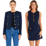 Gold Button Pointed Navy Tweed Clementine A-Line Dress & Jacket (sold separately)