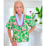 Green & Pink Scalloped Neckline Breakers Top