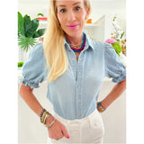 Light Wash Ruffled Puff Sleeve Denim Ina Top