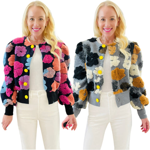Neon Button Knit & Sherpa Floral Ella Jackets