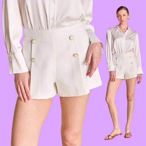 White Tweed Gold Button Jackie Shorts