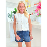 White Fringe Trim Gold Button Monica Top